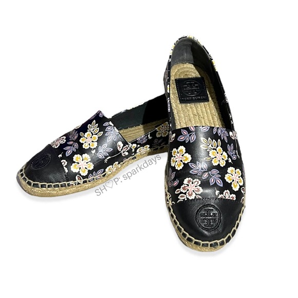 Tory Burch Black Floral Leather Colorblock Slip On Espadrille Flat | 7 - Picture 5 of 8